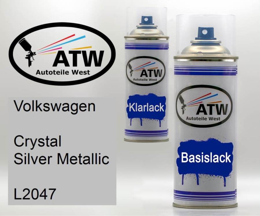 Volkswagen, Crystal Silver Metallic, L2047: 400ml Sprühdose + 400ml Klarlack - Set, von ATW Autoteile West.